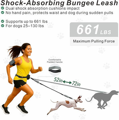 Hands-Free Dog Leash for Dogs up to 130 lbs – Heavy-Duty, Shock-Absorbing Bungee Leash with Zipper Pouch, Dual Padded Handles & Adjustable Waist Belt for Running & Walking – Cool Gray