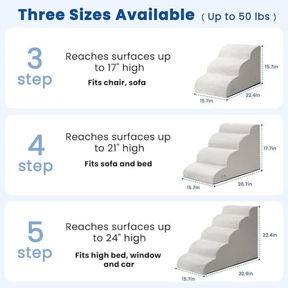 Dog Stairs for Small Dogs and Cats – 3 Step Pet Ramp for Couch & Sofa, Non-Slip Dog Steps for Pets, Washable Cover, High-Density Support Foam for Easy Climbing,Light Grey