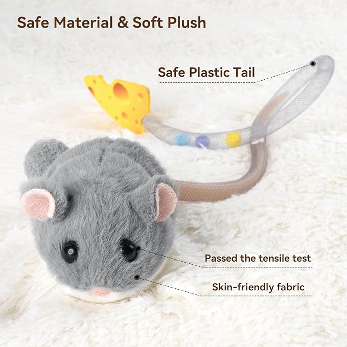 Migipaws Interactive MigiMouse Cat Toy 360° Rolling & Spin with Mesh Plastic Tail for Indoor Cats Smart Motion Sensor, Realistic Squeak, Rechargeable Plush Kitten Toy(Grey)