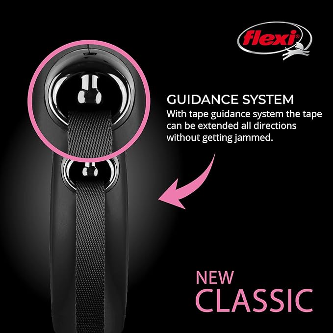 FLEXI New Classic Tape Retractable Dog Leash for Large Dogs Upto 110 lbs. – 16 ft., Black | Tangle Free Pet Walking Leash with One-Handed Brake, Pause, Lock|German Quality Product