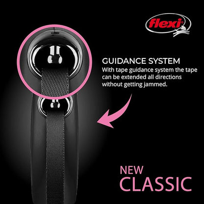 FLEXI New Classic Tape Retractable Dog Leash for Large Dogs Upto 110 lbs. – 26 ft., Black | Tangle Free Pet Walking Leash with One-Handed Brake, Pause, Lock|German Quality Product