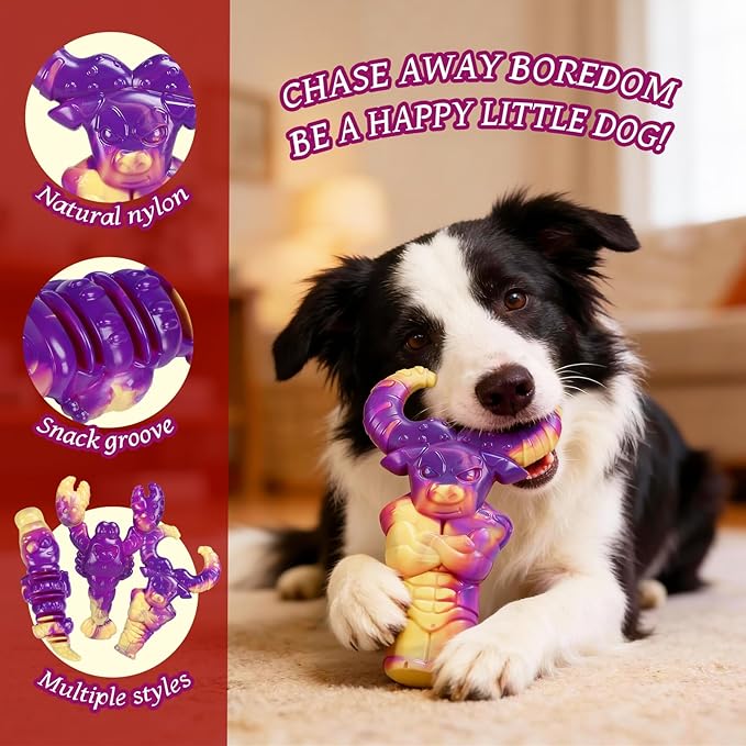 Indestructible Dog Toys for Aggressive Chewers, Tough Dog Toys for Large Dogs, Durable Dog Chew Toys to Keep Them Busy, Interactive Aggressive Chew Toys for Medium Dogs, Beef Flavor (Lob+Bull+Cro)
