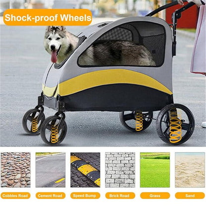 XL Extra Large Dog Stroller, All-Terrain 4 Wheel for 2 Medium Dogs, One-Click Foldable, Adjustable Handles, Dual Entry Safety Dog Stroller, Capacity 88lbs (Gray-Yellow)