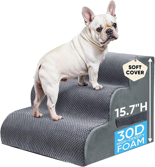PAWSCART Pet Stairs for Dogs 3-Step, 15.7" H Pet Stairs for High Bed, Couch Sofa & Chair, 30D Material Soft Foam Dog Steps with Non-Slip Bottom Surface Removable Washable Cover, Grey