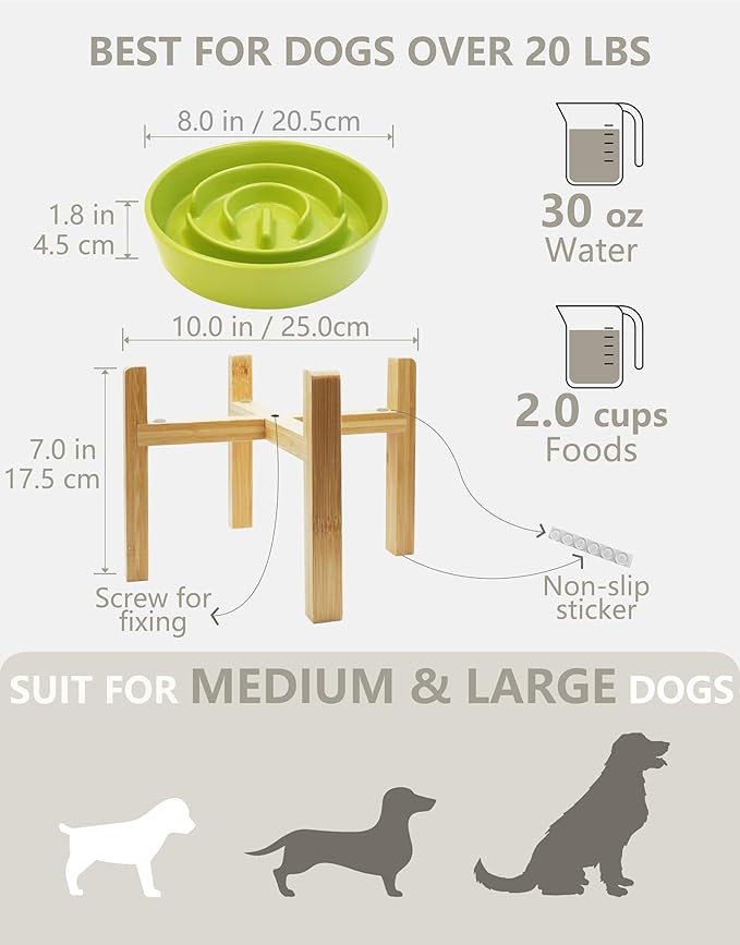 Ceramic Slow Feeder Dog Bowls Elevated, 2.0 Cups Slow Feeder for Medium Dogs, Puzzle Maze Bowl to Slow Down Eating, 30oz, 8in, Green