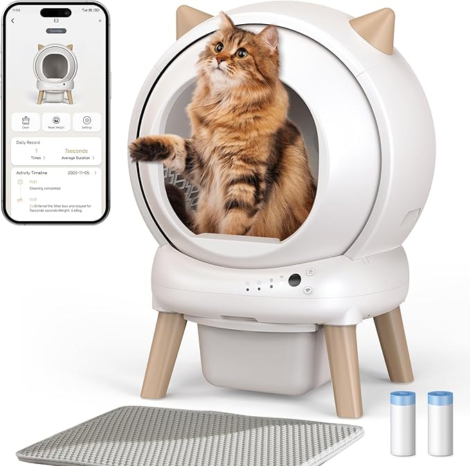 Self Cleaning Litter Box - E2 Automatic Cat Litter Box Smart Self Cleaning Robot for Cats, Double Safety Protection, App Control, 2 Roll Garbage Bags & Mat