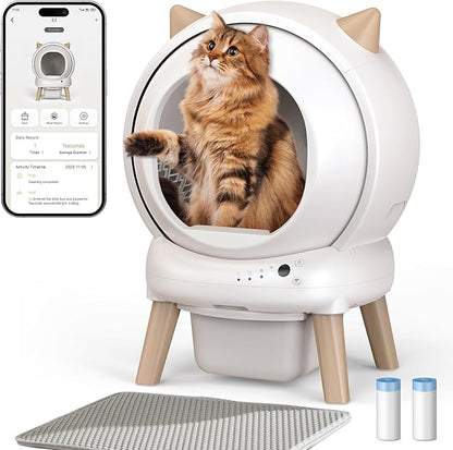 Self Cleaning Litter Box - E2 Automatic Cat Litter Box Smart Self Cleaning Robot for Cats, Double Safety Protection, App Control, 2 Roll Garbage Bags & Mat