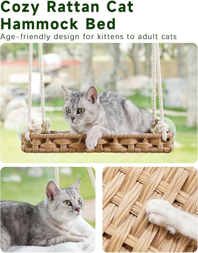 Cat Window Perch 2 Pack,Cat Window Hammock Bed for Indoor Cats,Large Handwoven PE Rattan Window Seat,4 Suction Cups,Double Sided Washable Cushion Bed,2.3 Inch Fence Shelf, Pet Kittens Natural