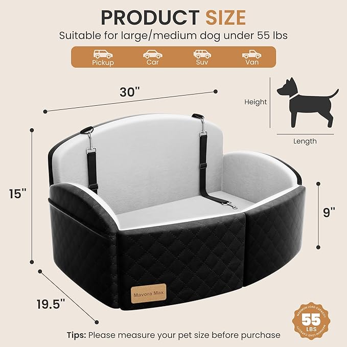Dog Car Seat for Medium/Large Dogs, Memory Foam Dog Booster Seat with Thick Cushion up to 55 lbs or 2 Small Dogs, Travel Pet Car Seat with Detachable Washable Cover, 2 Safety Leashes (Black/Grey)