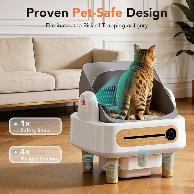 RPZ Automatic Cat Litter Box Self Cleaning, Robot Litter Box for Multiple Large Cats, Open Top Auto App Control Ultra-Quiet, Durable, Keep Home Freshness, Wood Grain