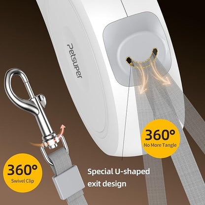 16Ft Retractable Dog Leash for Small, Medium & Large Dogs with One-Hand Brake Lock, Ergonomic Comfort Grip Handle, 360° Tangle-Free Swivel and Strong Nylon Tape (White)