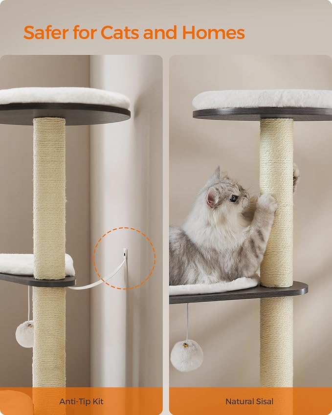 Feandrea Cat Tree, 65-Inch Modern Cat Tower for Indoor Cats, Multi-Level Cat Condo with 5 Scratching Posts, Perch, Washable Removable Cushions, Cat Furniture, Misty Gray UPCT166G03