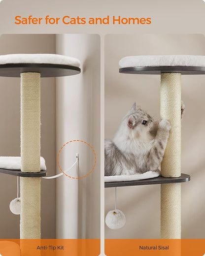 Feandrea Cat Tree, 65-Inch Modern Cat Tower for Indoor Cats, Multi-Level Cat Condo with 5 Scratching Posts, Perch, Washable Removable Cushions, Cat Furniture, Misty Gray UPCT166G03
