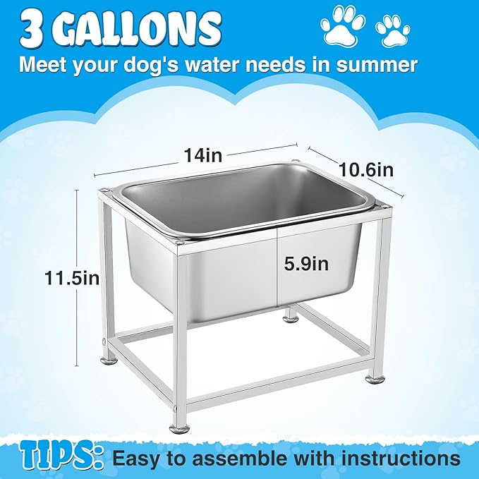 3 Gallons Large Elevated Dog Water Bowl - 11.5'' H Sturdy Stainless Steel Raised Dog Bowl with Stand for Extra Large Dogs Relief Joint Pressure, Easy to Clean Assemble for Indoor Outdoor