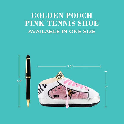 Haute Diggity Dog Pink Golden Pooch Tennis Shoe, Plush Designer Dog Toys with Interactive Squeaker, Stimulating Pet Enrichment, Machine-Washable & Safe Materials for All Breeds, One Size