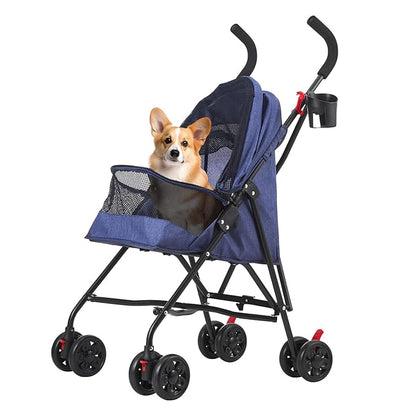 Pet Stroller Oxford Cloth Foldable Dog Strollers for Small Dogs and Cats Suitable for All Road Surfaces Wide-View Panoramic Window 4 Wheels with Brakes Portable Design, Easy to Store (Blue)