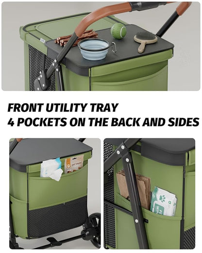 Dog Stroller for Large & Medium Dogs, Pet Stroller for 2 Small Dogs Up to 80 Lbs, Extra Large Heavy Duty, Folding & Breathable, All-Terrain Wheels, Military Green
