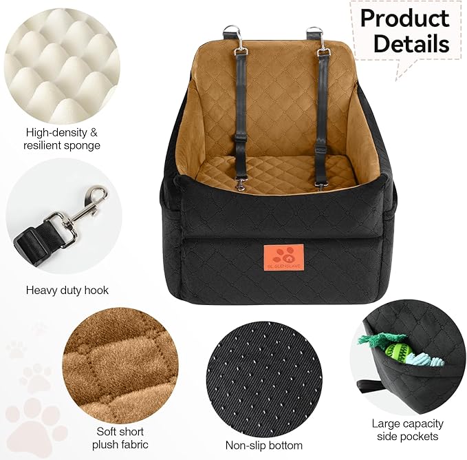 GL GLENSLAVE Dog Car Seat for Small/Medium Dogs, Dog Booster Car Seats with Thick Cushion for Dogs Under 35lbs, Detachable Washable Pet Carseat with Storage Pockets, 2 Safety Belts(Black/Coffee)