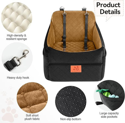GL GLENSLAVE Dog Car Seat for Small/Medium Dogs, Dog Booster Car Seats with Thick Cushion for Dogs Under 35lbs, Detachable Washable Pet Carseat with Storage Pockets, 2 Safety Belts(Black/Coffee)