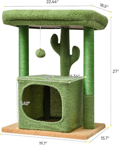 SYANDLVY 27" Cactus Cat Tree for Indoor Cats, Green Activity Tower with Scratching Posts, Modern Kitten Condo with Plush Perch & Hanging Ball for Play