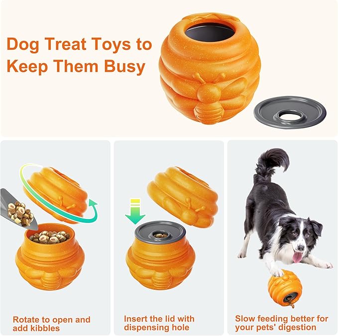 3 in 1 Durable Dog Toys for Aggressive Chewers 2 Pack, Dog Treat Dispenser and Enrichment Licking Toys in Honey Pot Shape, Boredom Killing and Mental Stimulation Toys for Large Dogs to Keep Them Busy