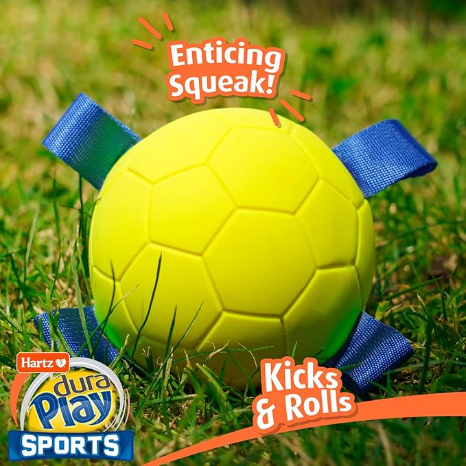 Hartz Dura Play Sports Soccer Dog Toy, Bacon Scented Squeaky Latex Yellow & Blue Toy, 1 Count