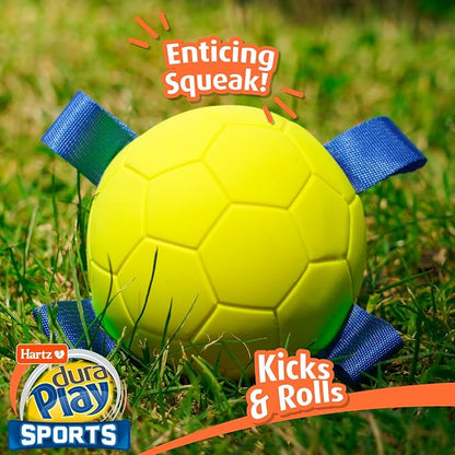 Hartz Dura Play Sports Soccer Dog Toy, Bacon Scented Squeaky Latex Yellow & Blue Toy, 1 Count