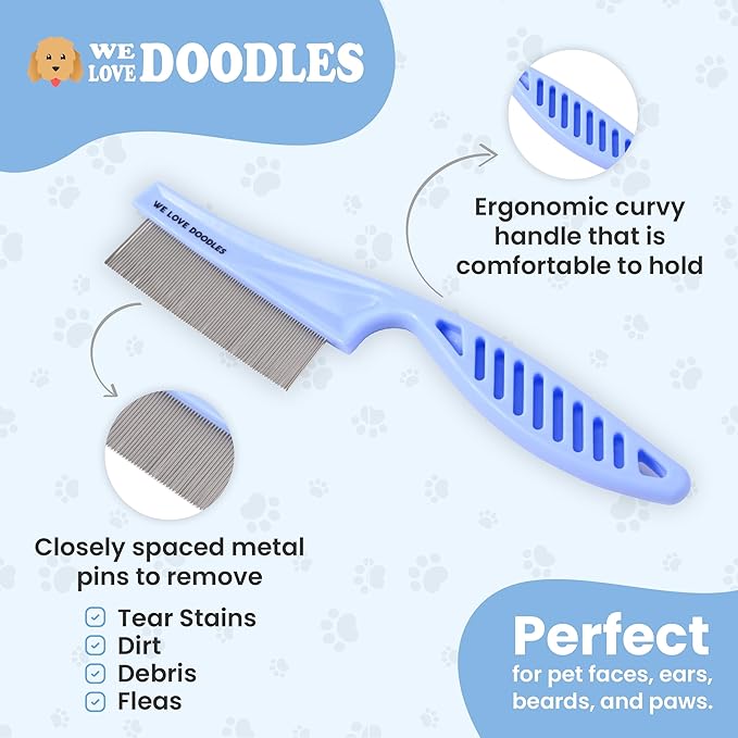 We Love Doodles Flea Comb for Dogs and Metal Dog Grooming Comb | Dog Face Comb | Fine Tooth Tear Stain Remover Metal Comb | Removes Tangles & Matts | Dematting Pet Combs | Detangler for Matted Hair