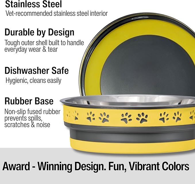 Loving Pets Corsa Dog Bowls- Stainless Steel Dog & Cat Bowls - Spill Proof Dog Food Bowl, Cat Bowl, Puppy Essentials & Pet Supplies Great for Home & Travel (Medium 20-35 lbs, Lightning Yellow)