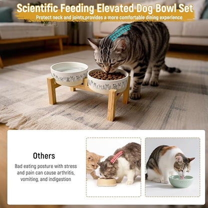 Elevated Ceramic Cat Bowls with Wooden Stand，6.1inch Raised Cat Bowls with Cute Pattern for Small and Medium Breed Dogs and Cats,2 Pack Cats Food and Water Bowl Set,Weighted Pet Dishes Dishwasher Safe