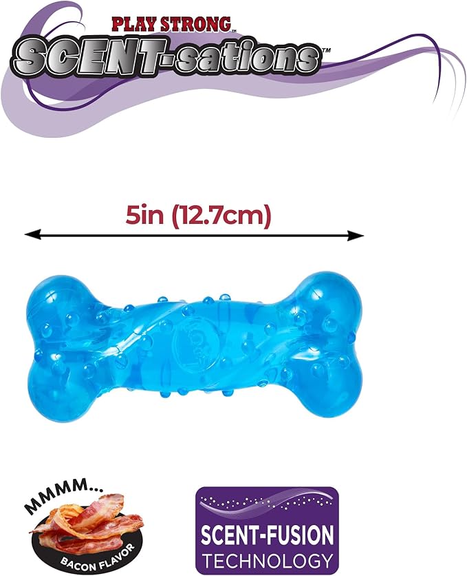 SPOT Play Strong Scent-sations Bone - Scent-Infused, Strong, Durable TPR Rubber, Heavy Duty Dog Toys for Aggressive Chewers up to 45lbs, Perfect for Small & Medium Breeds, 5in, Bacon Flavored