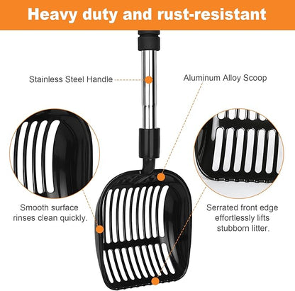 Cat Litter Scoop, Metal Litter Scooper with Detachable Long Handle, Cat Litter Sifter with Deep Shovel, Wide Slits for Easy Cleaning, Large Cat Poop Scooper Includes Hook