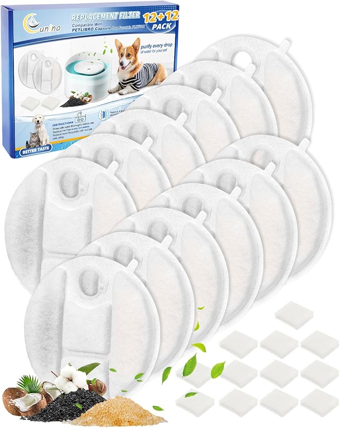 12 Pack Dog Water Fountain Filter Compatible with Petlibro Filtered Water Bowl for Dogs, Pet Fountain Filters for Cat Water Fountain 2.1Gal/8L Capsule Dog Fountain PLWF008