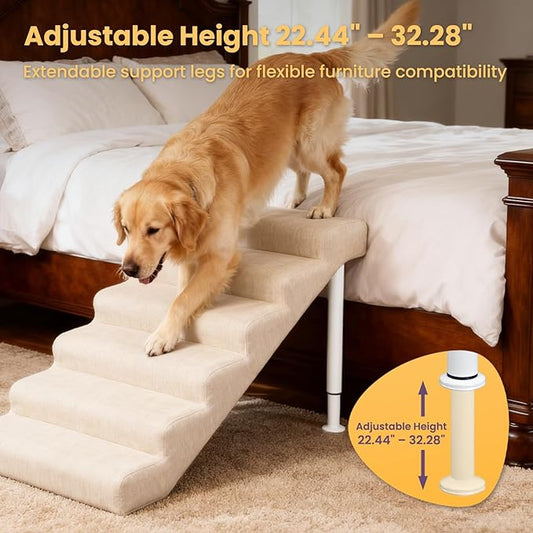 Leather Dog Stairs, 19.7" Extra Wide Dog Steps for Bed & Sofa, Adjustable Height 22.44"-32.28” Pet Ramp for Small to Large Dogs, Holds Up to 150 lbs（6-Step）