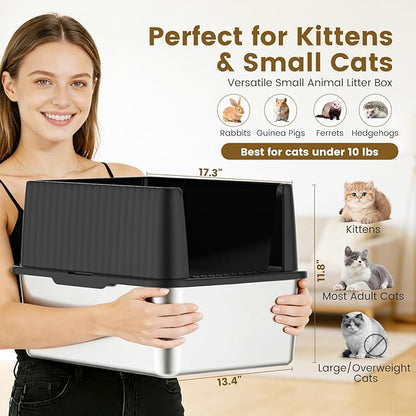 11.8" High Sided Cat Litter Box, Open-Top, Low Entry for Kittens & Small Cats, Stainless Steel Litter Pan Easy to Clean, Anti-Leak, Compact Space-Saving Size(17.3" L x 13.4" W × 11.8" H)