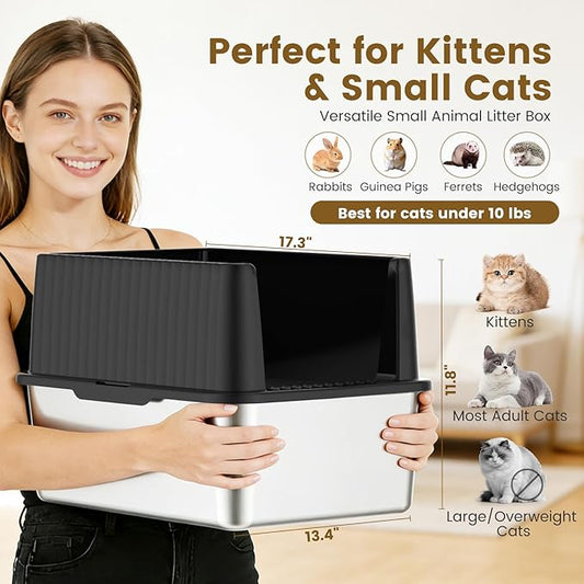 11.8" High Sided Cat Litter Box, Open-Top, Low Entry for Kittens & Small Cats, Stainless Steel Litter Pan Easy to Clean, Anti-Leak, Compact Space-Saving Size(17.3" L x 13.4" W × 11.8" H)