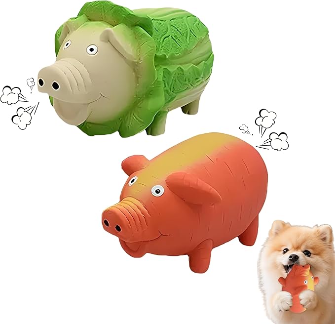 Dog Squeaky Toy, 2 Pack Latex Chew Toys with Oinks Sound Squeaker Cabbage&Carrots Grunting Pig Dog Toy Durable Dogs Squeeze Toy for Small Medium Large Dog Dental Biting Chasing to Kill Boring Time