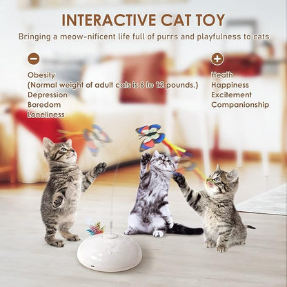 Cat Toy, Interactive 3 in 1 Moving Cat Toys with Butterfly, Feather, LED Light, Rechargeable, Automatic Sensing Kitty Teaser Wand (White)