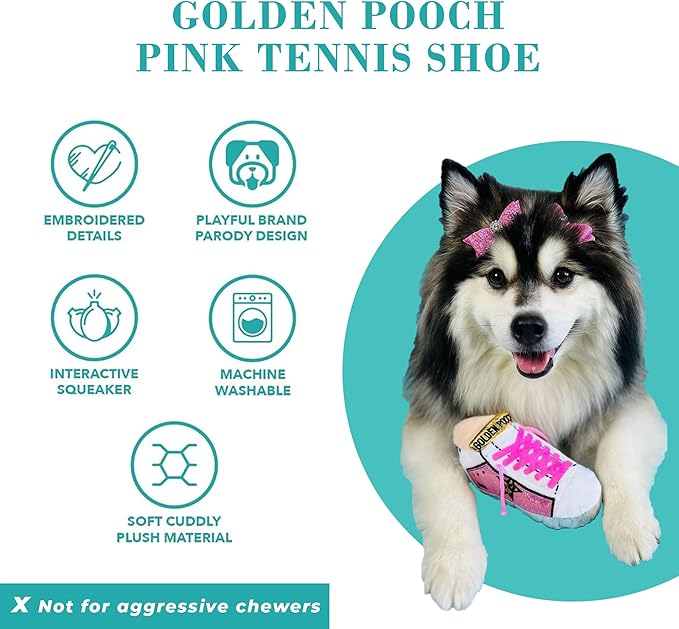Haute Diggity Dog Pink Golden Pooch Tennis Shoe, Plush Designer Dog Toys with Interactive Squeaker, Stimulating Pet Enrichment, Machine-Washable & Safe Materials for All Breeds, One Size