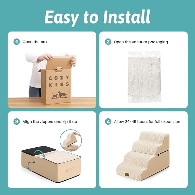 Detachable Curved Wide Dog Stairs 19.7" H, 4 Step Small Dog Step for Puppy or Older Cat, Ramp for Bed, Sofa, Couch or Chair, Ladder with High Density Foam, 17.7x28.3x19.7 inch, Beige