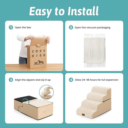 Detachable Curved Wide Dog Stairs 19.7" H, 4 Step Small Dog Step for Puppy or Older Cat, Ramp for Bed, Sofa, Couch or Chair, Ladder with High Density Foam, 17.7x28.3x19.7 inch, Beige