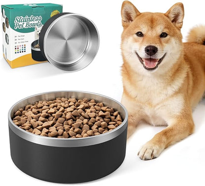 IKITCHEN Dog Bowl for Food and Water, 40 Oz Stainless Steel Pet Feeding Bowl, Durable Non-Skid Double Wall Insulated Heavy Duty with Rubber Bottom for Medium Large Sized Dogs (40 Ounces/5 Cup, Black)