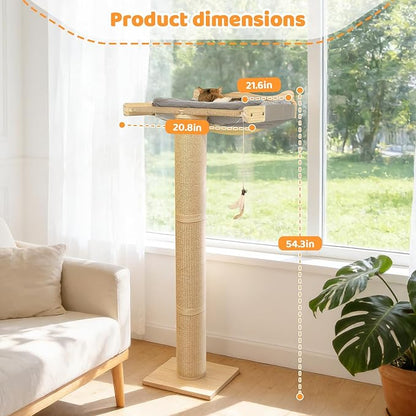 54.3" Cat Window Perch with 3 Adjustable Roman Column Sisal Posts, Gray Rabbit Fleece Cushions, Drill-Free Suction Cups, Multi-Level Bird Watching Perch, 60 lbs Capacity