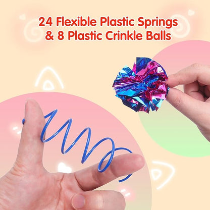 SEVENKA Cat Toys 8 Pcs Color Crinkle Balls and 24 Spring Toy, 2in/5cm Cat Balls, Kitten Toy, Plastic Spiral Springs for Swatting, Biting, Hunting, Active Healthy Play