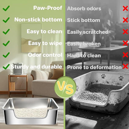 Low Entry Litter Box for Senior Kittens Disabled Cats - Stainless Steel High Sided Enclosed Easy Step in Entry - Large Metal Kitty Litter Box Easy to Clean(19.7”x13.8”x5.9”)
