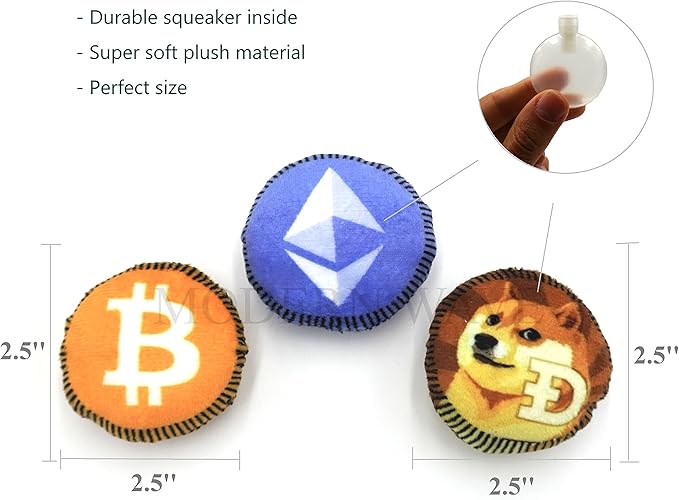 MODERN WAVE - Squeaky Plush Dog Toy Bitcoin Crypto - Interactive Hide and Seek Squirrel Type Puzzle Toy for Dogs, Small - Medium Size (Rocket and Coins)