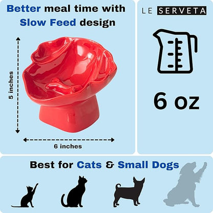 Ceramic Raised Pet Slow Feeder Bowl, Elevated Cat and Dog Slow Feeder, Decorative Standing Doggy Design, Anti-Slip Base, Anti-Vomiting (Red)