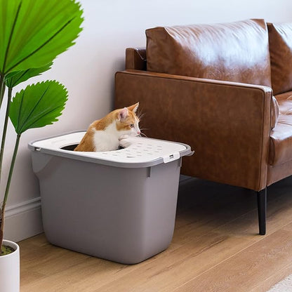 IRIS USA Large Cat Litter Box Top Entry with Lid, Enclosed Litter Box with Litter Catching Lid & Scoop, Covered Cat Litter Box Enclosure for Privacy, High Sided, Gray/White