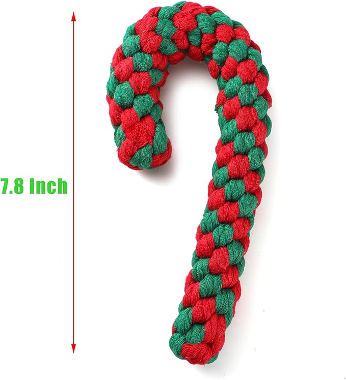 LUCKITTY Christmas Dog Rope Toy - 3-Piece Set - Candy Shape Crutch Design, Bear Shaped for Dogs Puppy - 7.87, 7.5, and 5 Inch - Red and Green