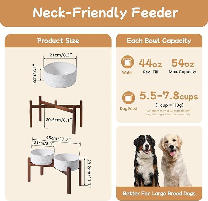 Ceramic 8.2inch Raised Double-Bowl Set with Acacia Wooden Stand, Food & Water Bowls for Large Breed Dogs, Weighted Dog Dishes, Pet Bowl (60 oz)
